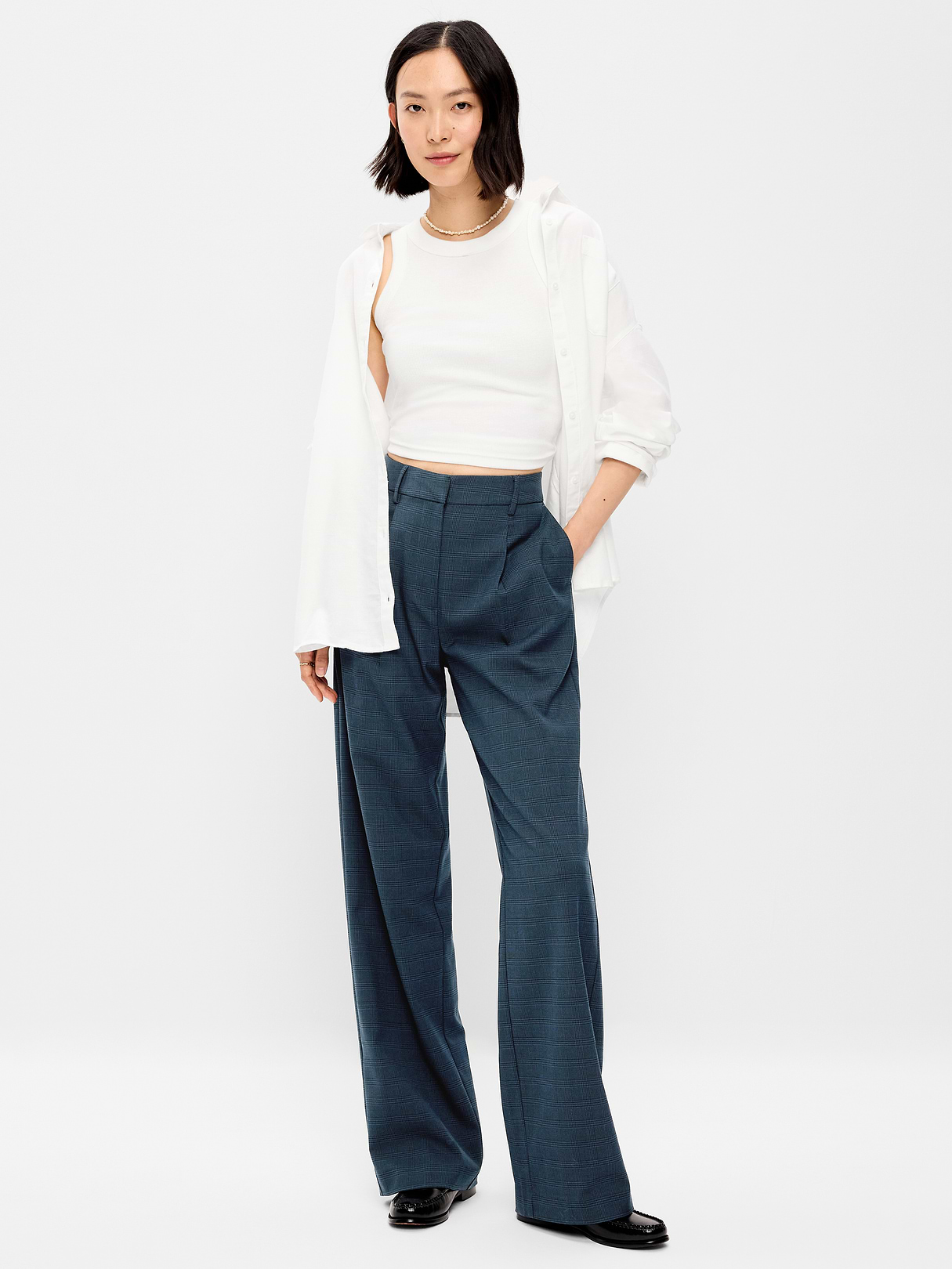 High-Waisted Taylor Trouser Wide-Leg Pants - Navy Plaid by Old Navy