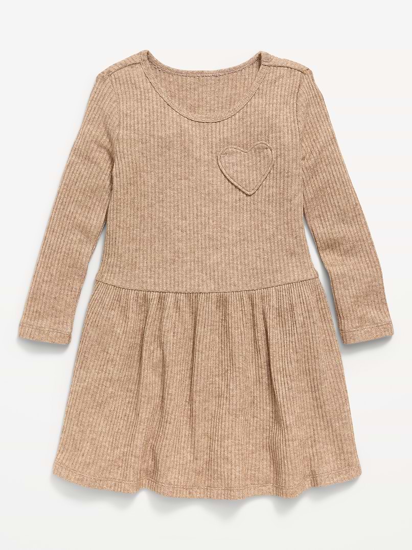 Old Navy Long-Sleeve Ribbed Heart Pocket Dress for Toddler Girls - Beige