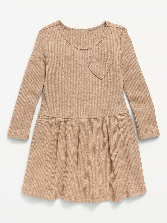 Long-Sleeve Ribbed Heart Pocket Dress for Toddler Girls