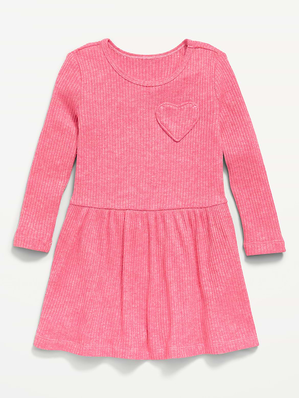 Long-Sleeve Ribbed Heart Pocket Dress for Toddler Girls