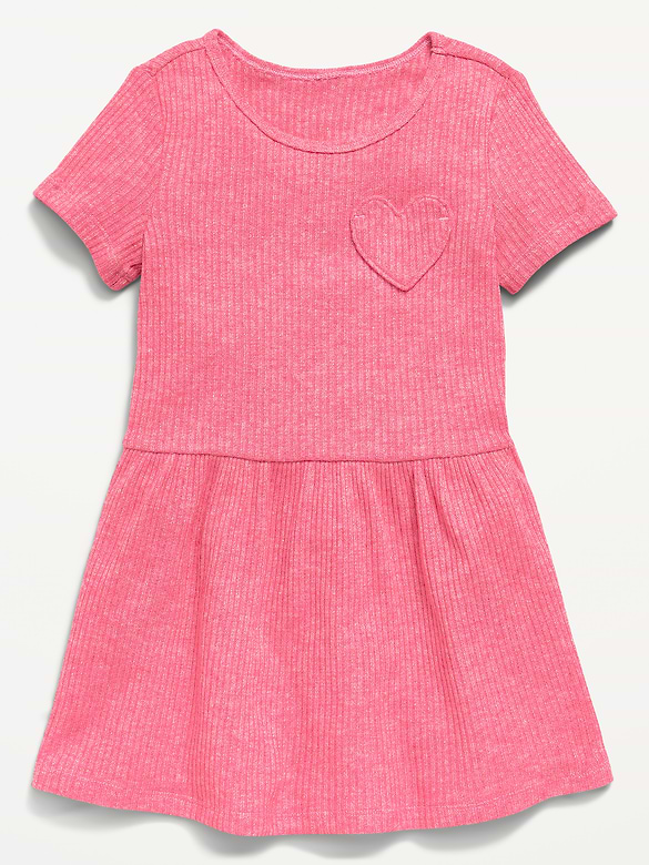 Short-Sleeve Ribbed Heart Pocket Dress for Toddler Girls