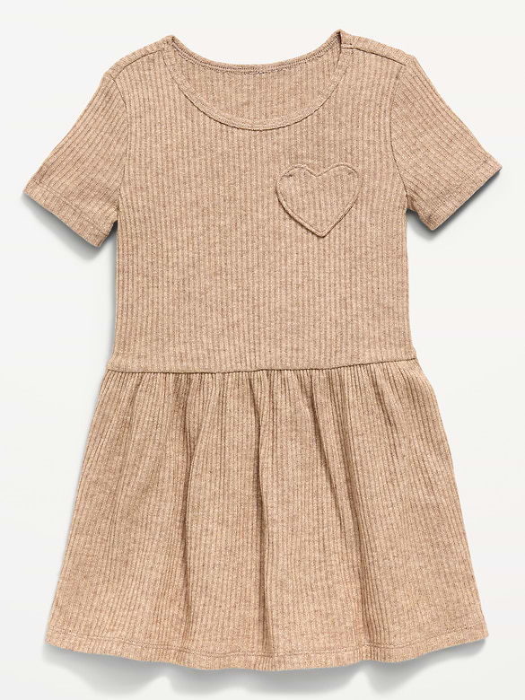 Short-Sleeve Ribbed Heart Pocket Dress for Toddler Girls
