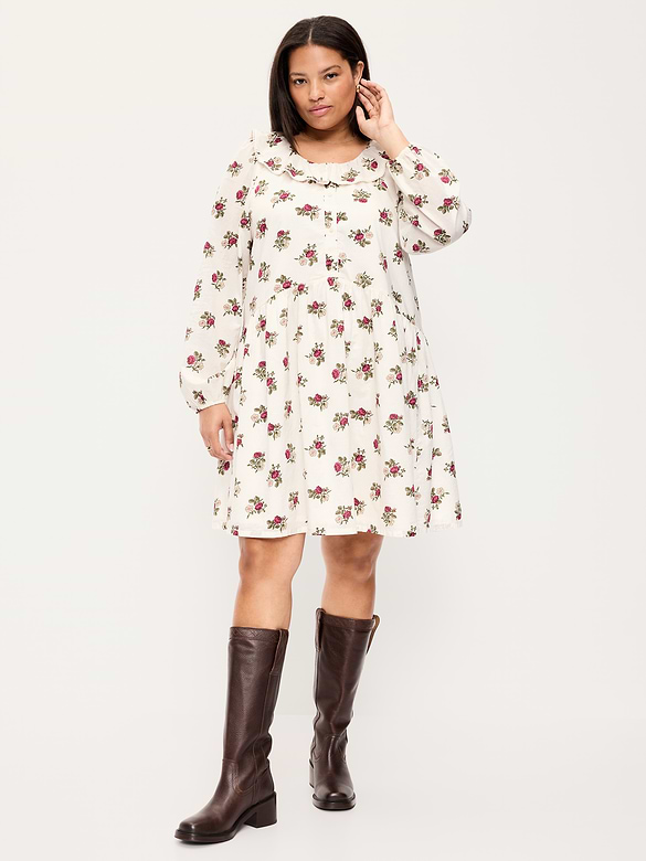 Long-Sleeve Ruffle-Collar Swing Mini Dress