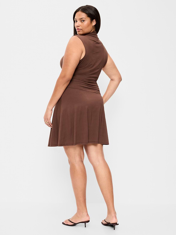 Gathered Mock-Neck Drop-Waist Mini Dress
