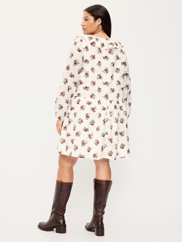 Long-Sleeve Ruffle-Collar Swing Mini Dress