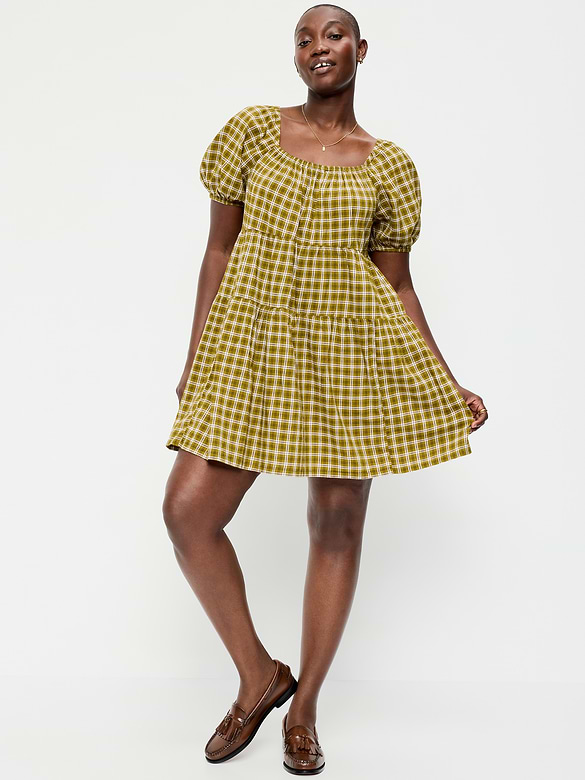 Puff-Sleeve Smocked Mini Swing Dress