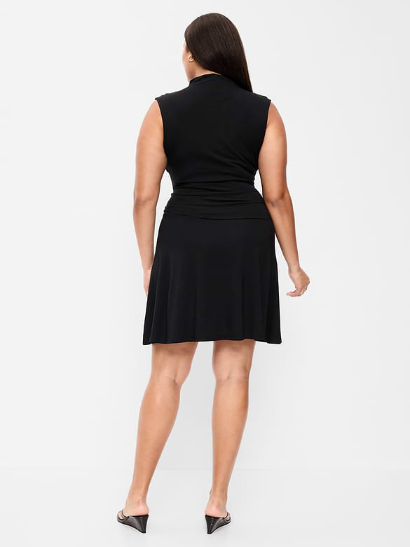 Gathered Mock-Neck Drop-Waist Mini Dress
