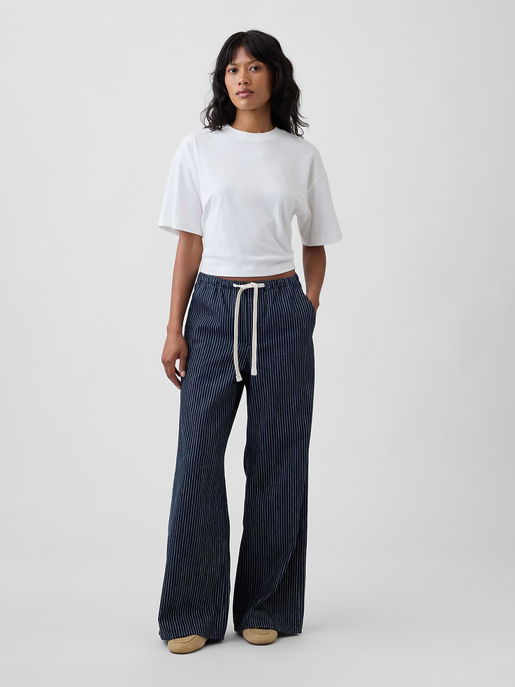 Image number 1 showing, Mid Rise Railroad Stripe Pull-On Wide-Leg Jeans