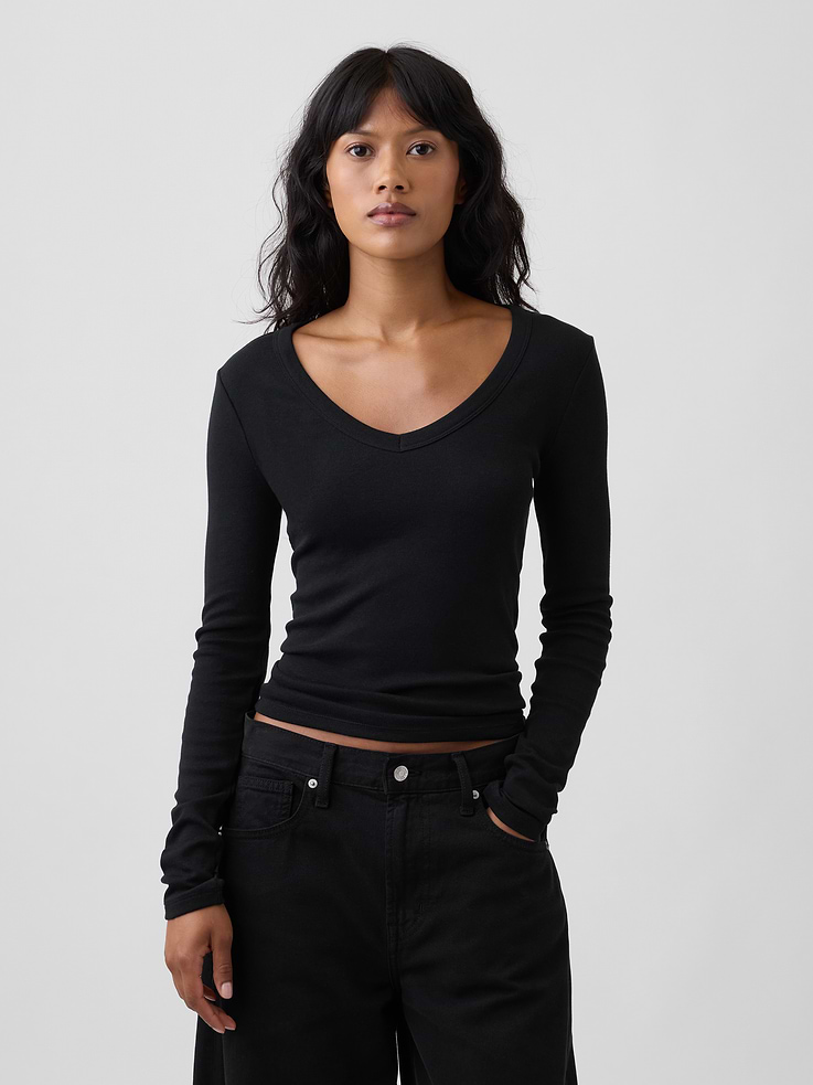 Image 1 of 5, Soft ribbed knit., Long sleeves., V-neck., Select styles have allover print or stripes., Product #1179572