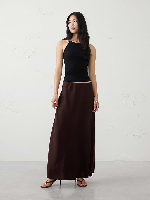 Linen-Blend Bias Pull-On Maxi Skirt