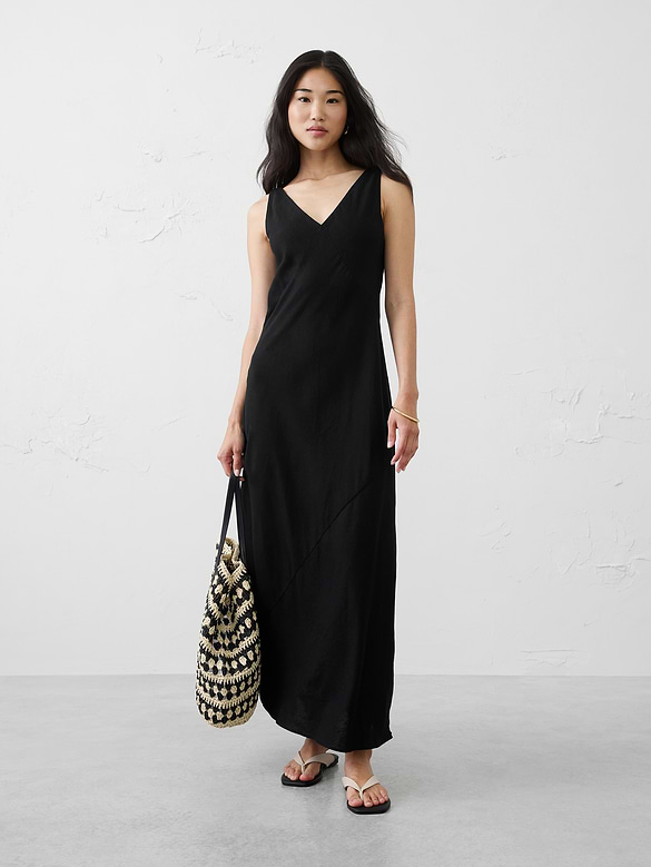 Linen-Blend Side-Slit Maxi Dress