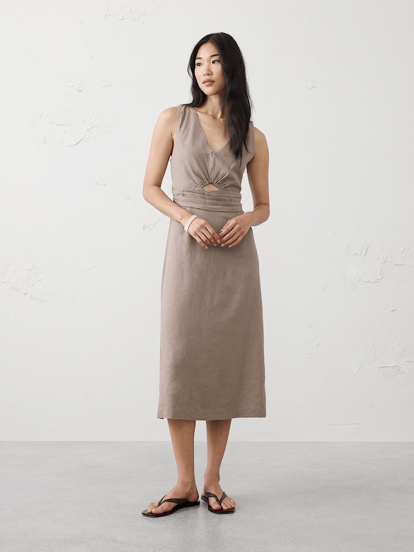 Linen-Blend Cutout Midi Dress