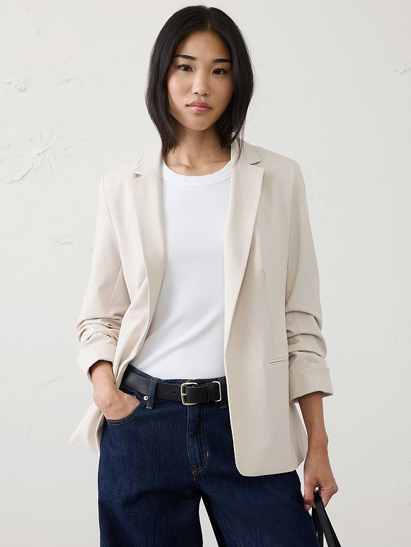 Sculpted Stretch Ruched-Sleeve Blazer