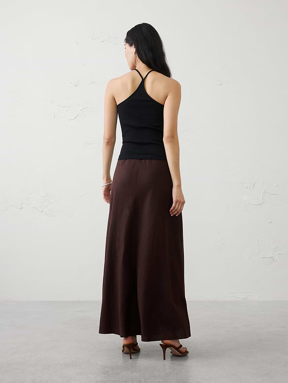 Linen-Blend Bias Pull-On Maxi Skirt