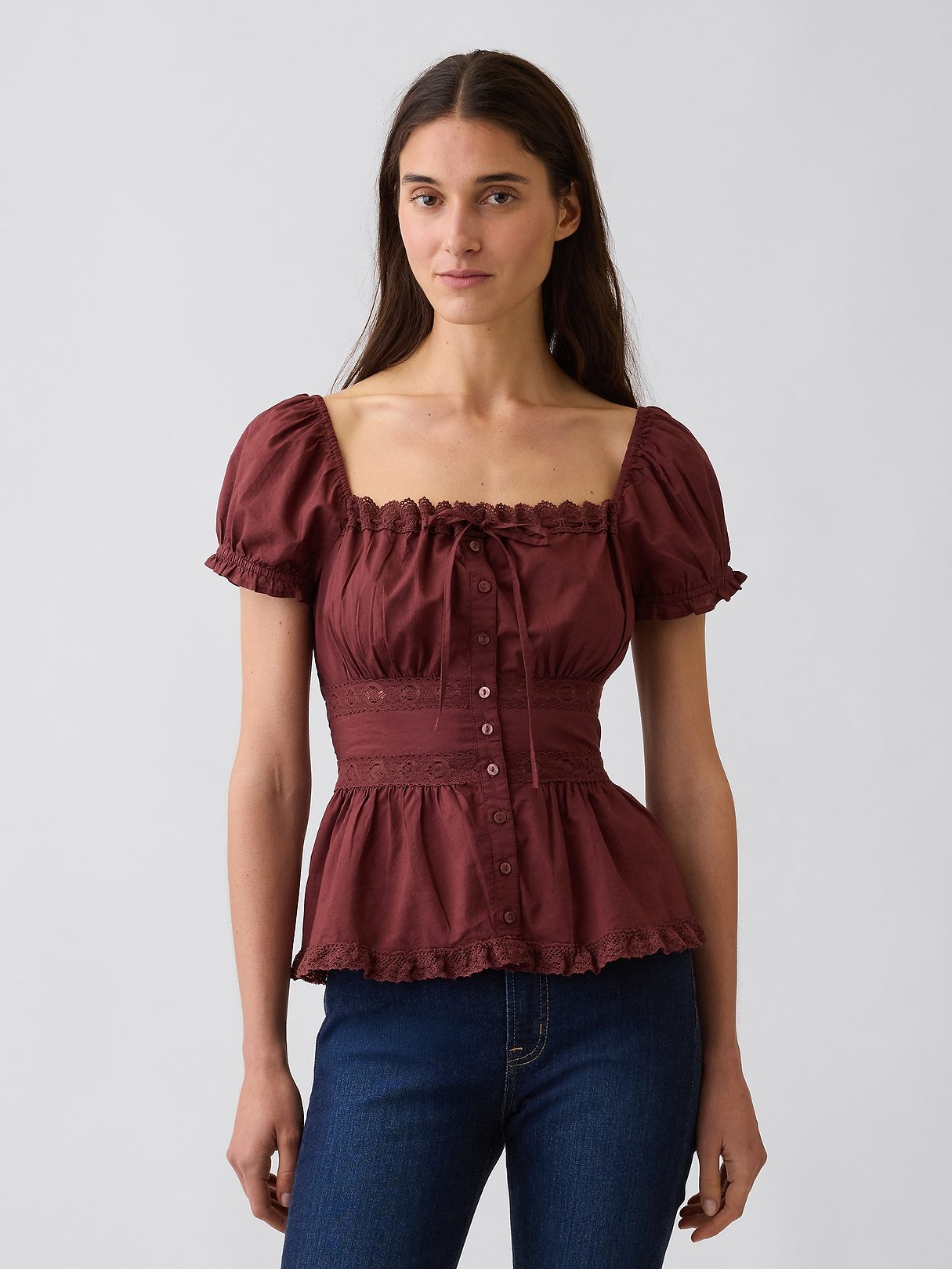Square-Neck Lace-Trim Peplum Top | Gap