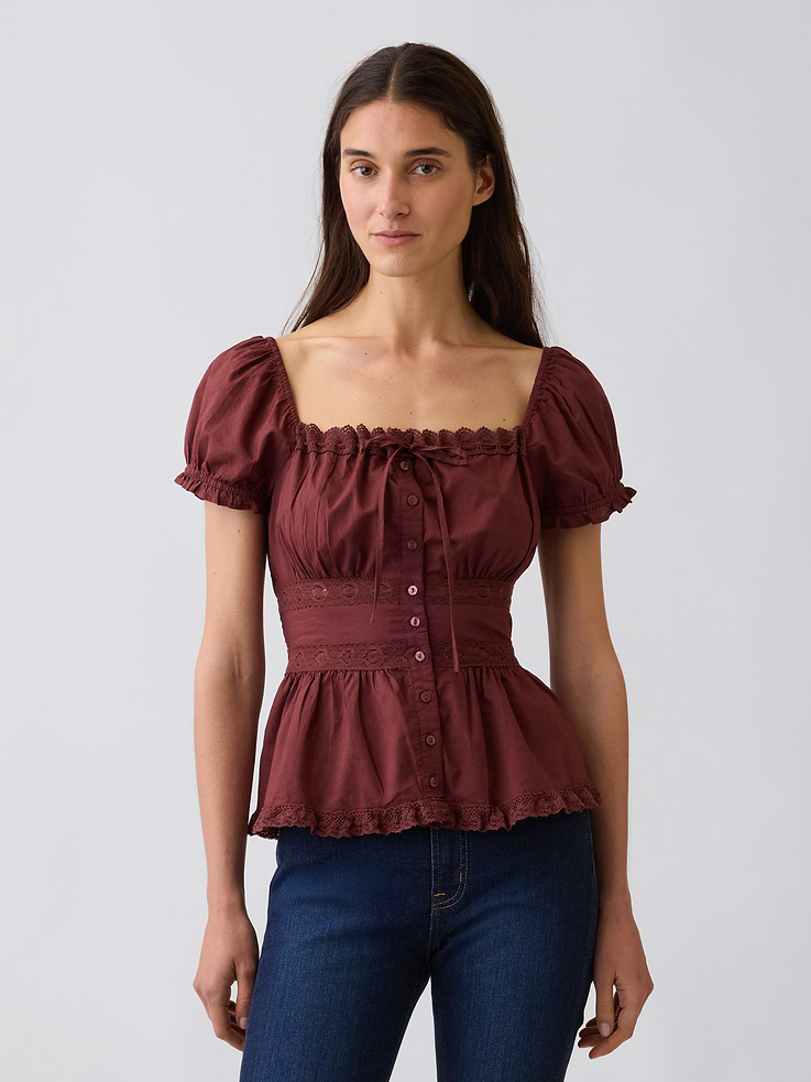 Image number 1 showing, Square-Neck Lace-Trim Peplum Top