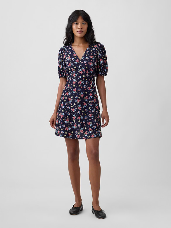Puff Sleeve V-Neck Mini Dress