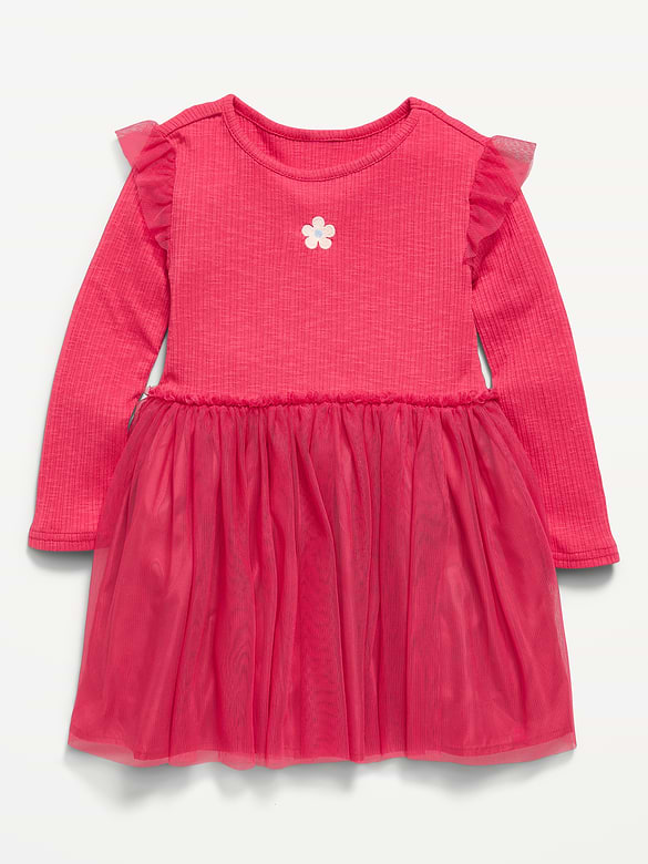 Long-Sleeve Ribbed Fit and Flare Tutu Dress for Toddler Girls