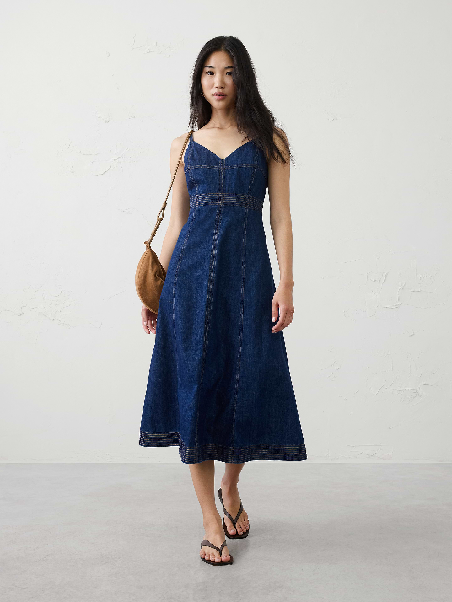 Image number 1 showing, Denim Contrast Stitch Midi Dress