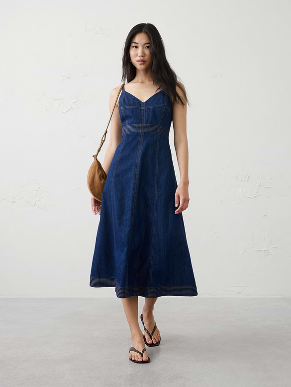 Denim Contrast Stitch Midi Dress