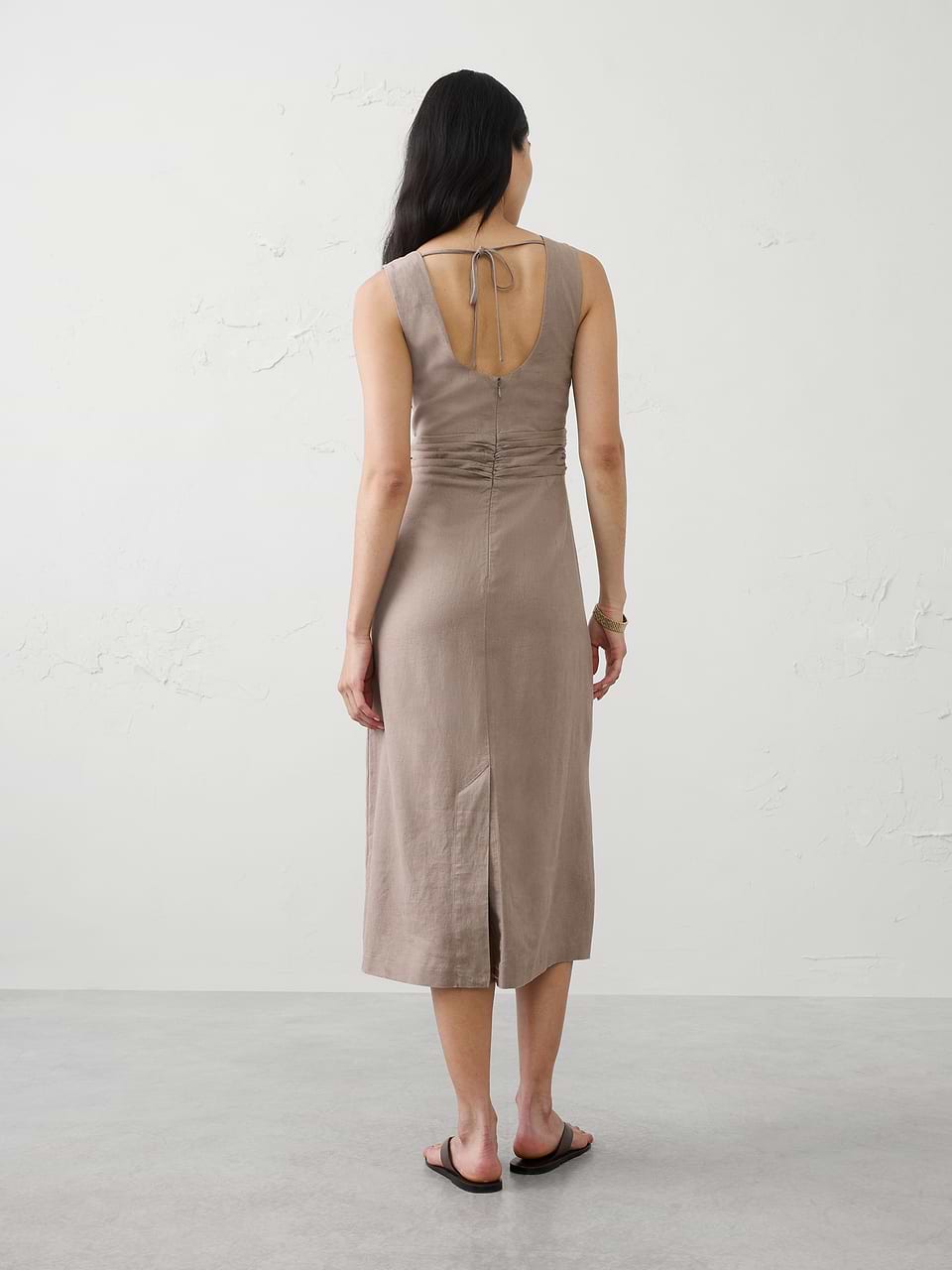 Linen-Blend Cutout Midi Dress
