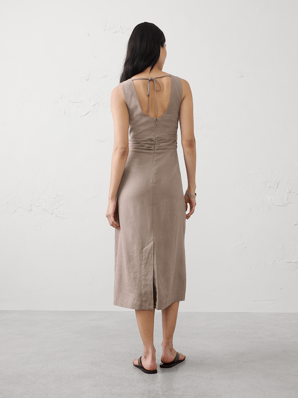 Linen-Blend Cutout Midi Dress