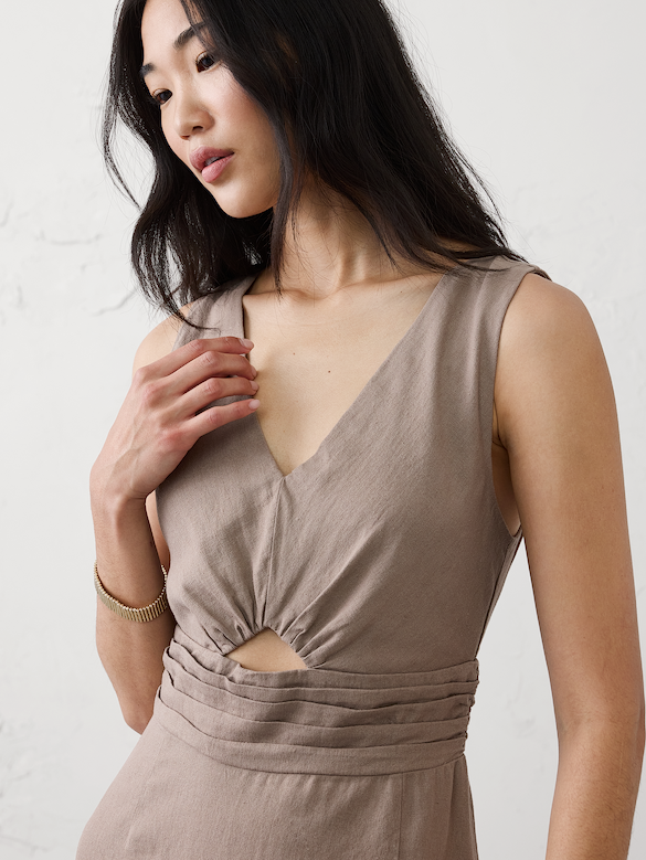 Linen-Blend Cutout Midi Dress