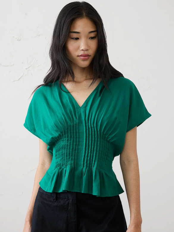 Linen-Blend Pintuck-Waist Top