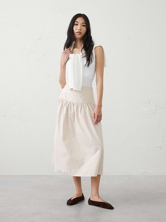 Poplin Drop-Waist Midi Skirt