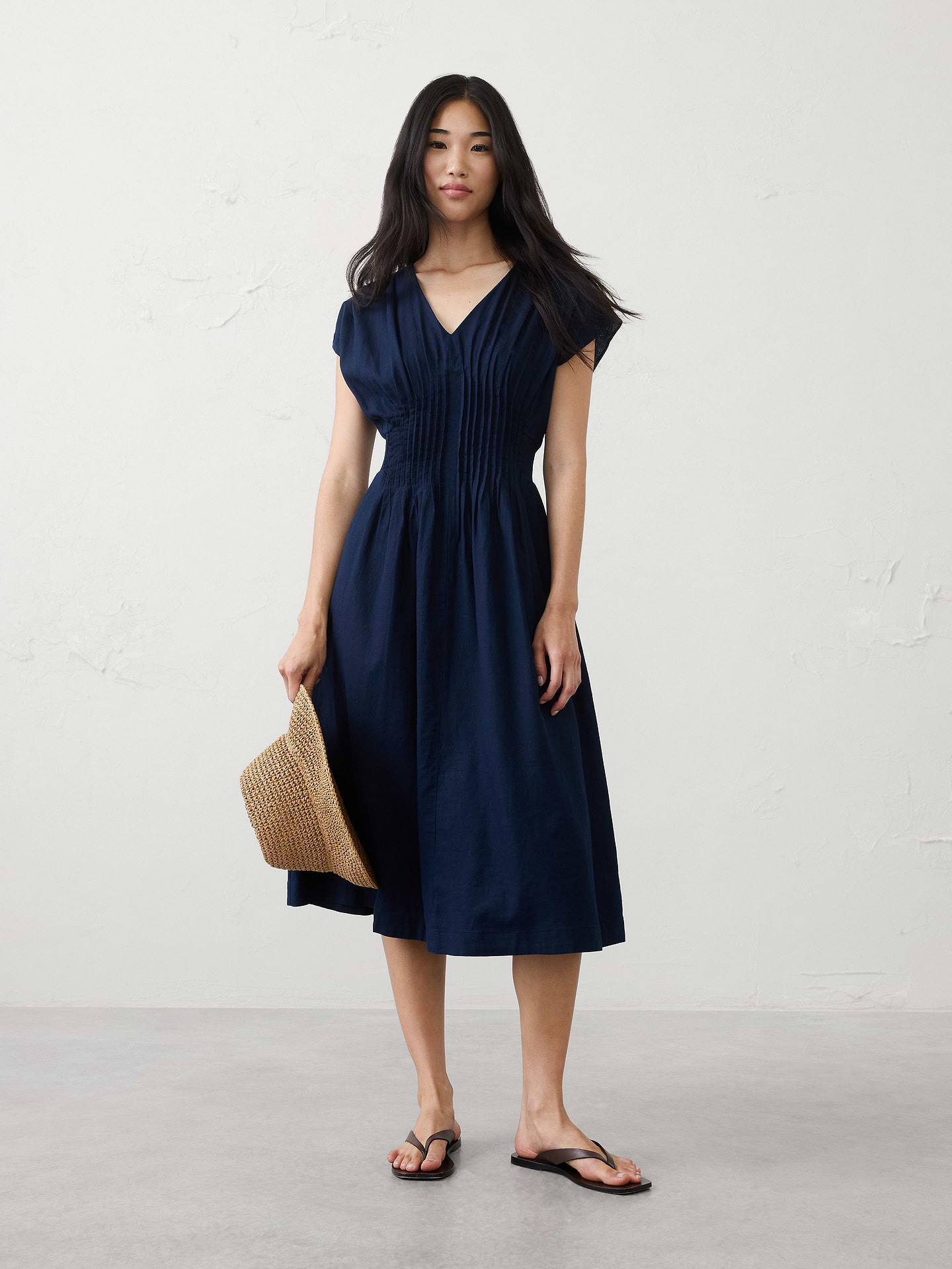 Image number 1 showing, Linen-Blend Pleated-Waist Midi Dress