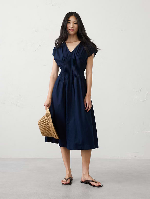 Linen-Blend Pleated-Waist Midi Dress