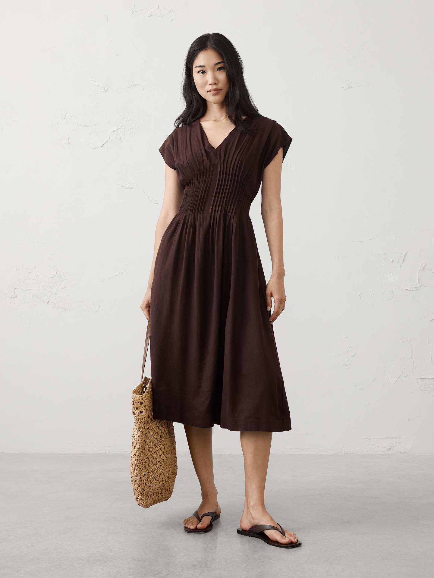 Image number 1 showing, Linen-Blend Pleated-Waist Midi Dress
