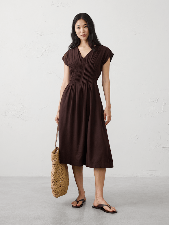 Linen-Blend Pleated-Waist Midi Dress