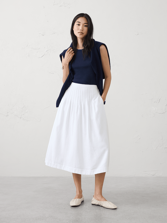Linen-Blend Pintuck Midi Skirt