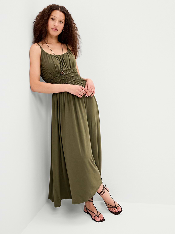 Fit & Flare Jersey Smocked-Waist Midi Dress
