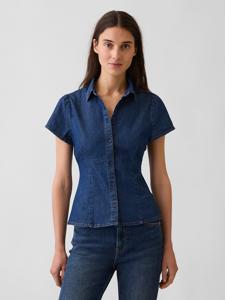 Image number 1 showing, Denim Cap-Sleeve Shirt