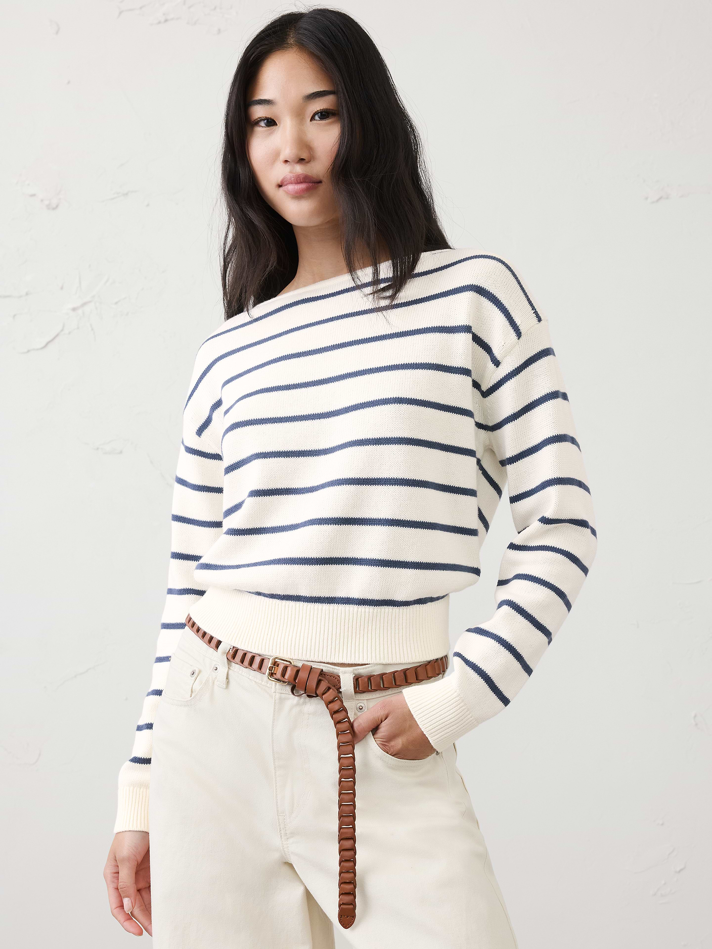 Image number 1 showing, Cotton Striped Boat-Neck Sweater