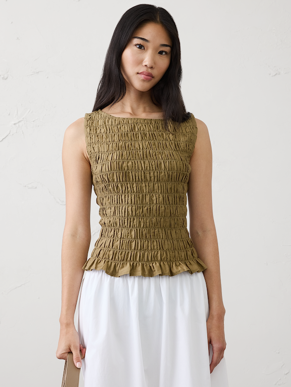Boatneck Smocked Cropped Top