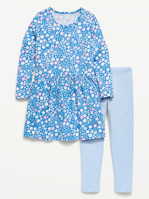 Printed Long-Sleeve Dress and Leggings Set for Toddler Girls