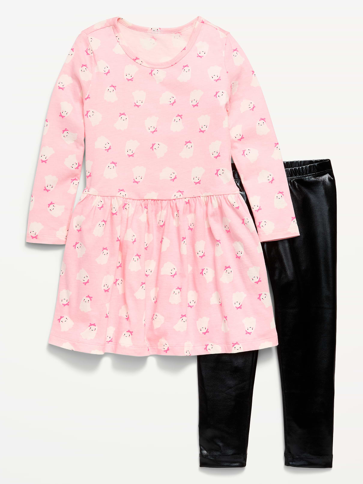 Image number 1 showing, Printed Long-Sleeve Dress and Leggings Set for Toddler Girls