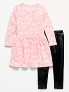 Image number 1 showing, Printed Long-Sleeve Dress and Leggings Set for Toddler Girls