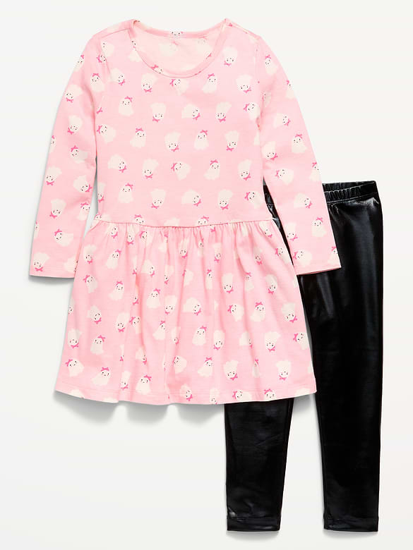 Printed Long-Sleeve Dress and Leggings Set for Toddler Girls