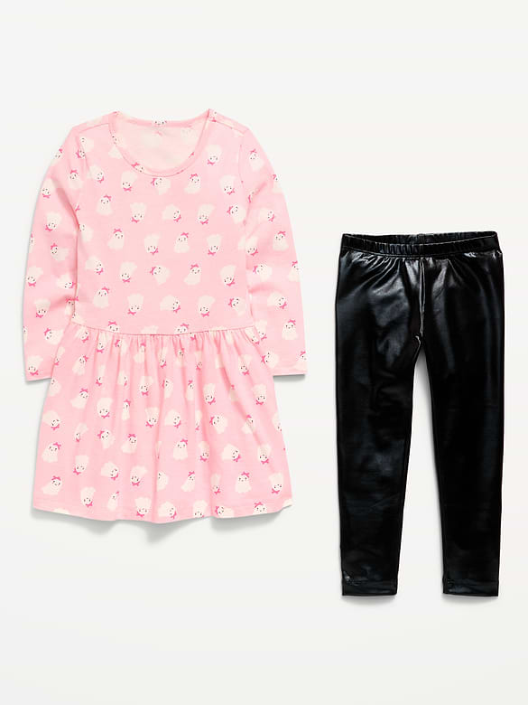 Printed Long-Sleeve Dress and Leggings Set for Toddler Girls