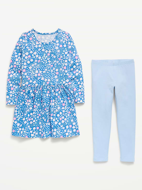 Printed Long-Sleeve Dress and Leggings Set for Toddler Girls