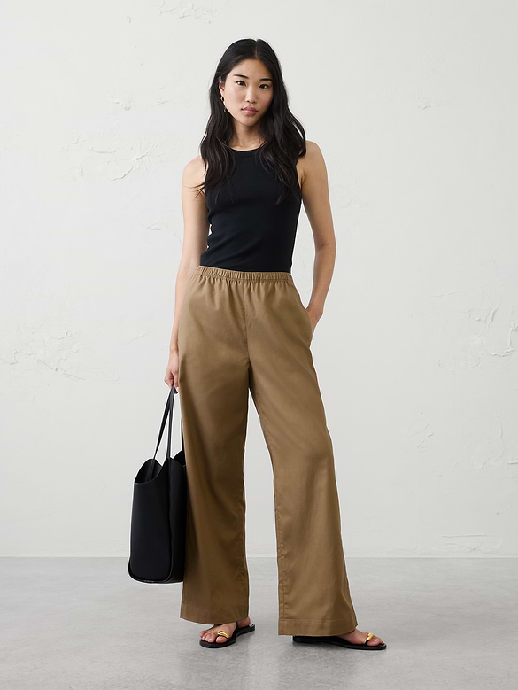 Wide-Leg High-Rise Drapey Twill Pull-On Pant