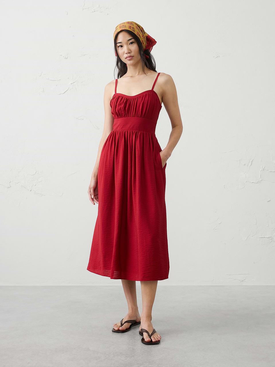 Women's Empire-Waist Midi Dress Red Blaze Petite Size M