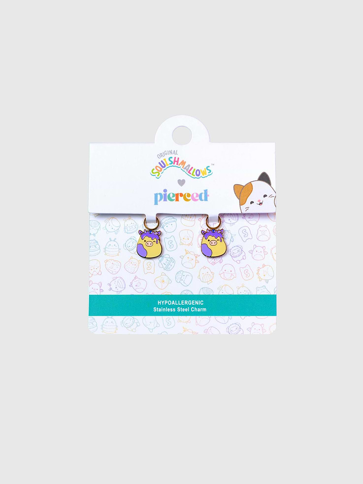 Image 1 of 2, Bring the huggable charm of Squishmallows to your ears with these adorable interchangeable charms., High-quality Benito the Cow charms made for girls with sensitive ears, perfect for legendary forest games when paired with your Huggie earrings., Designed to pair perfectly with your favorite Pierced Co huggies, these playful charms let you switch up your look anytime., Express your love for Squishmallows with charms that let you customize your style., Note: Huggies are sold separately.