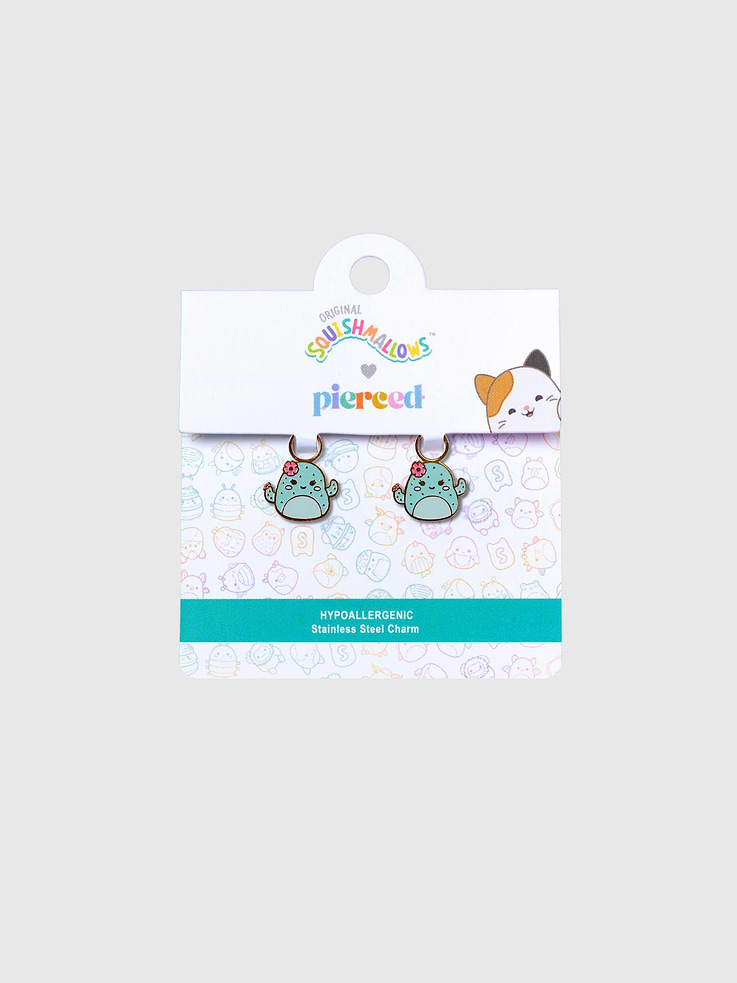 Image 1 of 2, Bring the huggable charm of Squishmallows to your ears with these adorable interchangeable charms., High-quality Graciela the Cactus charms made for girls with sensitive ears, perfect for scouting out new fashion trends with your Huggie collection., Designed to pair perfectly with your favorite Pierced Co huggies, these playful charms let you switch up your look anytime., Express your love for Squishmallows with charms that let you customize your style., Note: Huggies are sold separately.