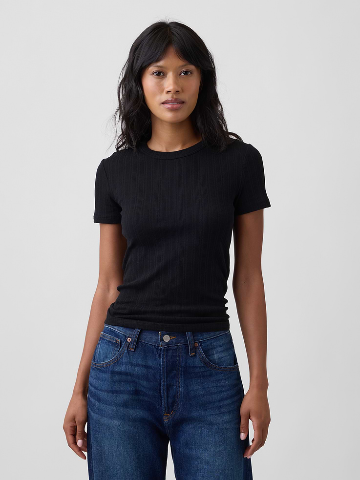 Image 1 of 5, Ribbed pointelle knit., Short sleeves., Crewneck., Product #1178019