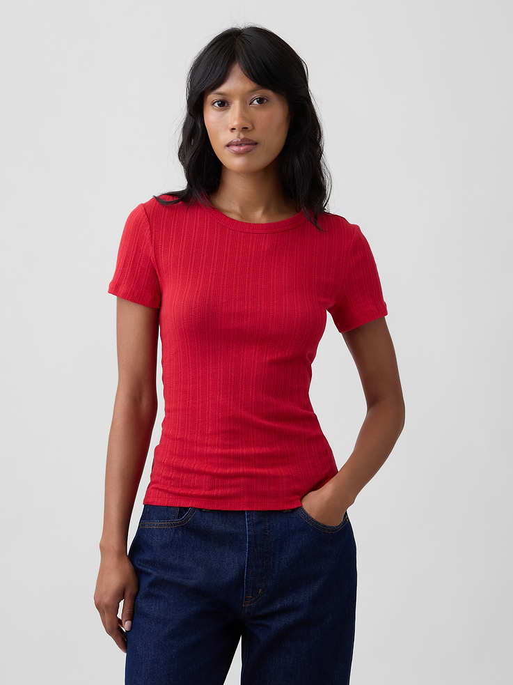 Image number 1 showing, Essential Ribbed Pointelle Crewneck T-Shirt